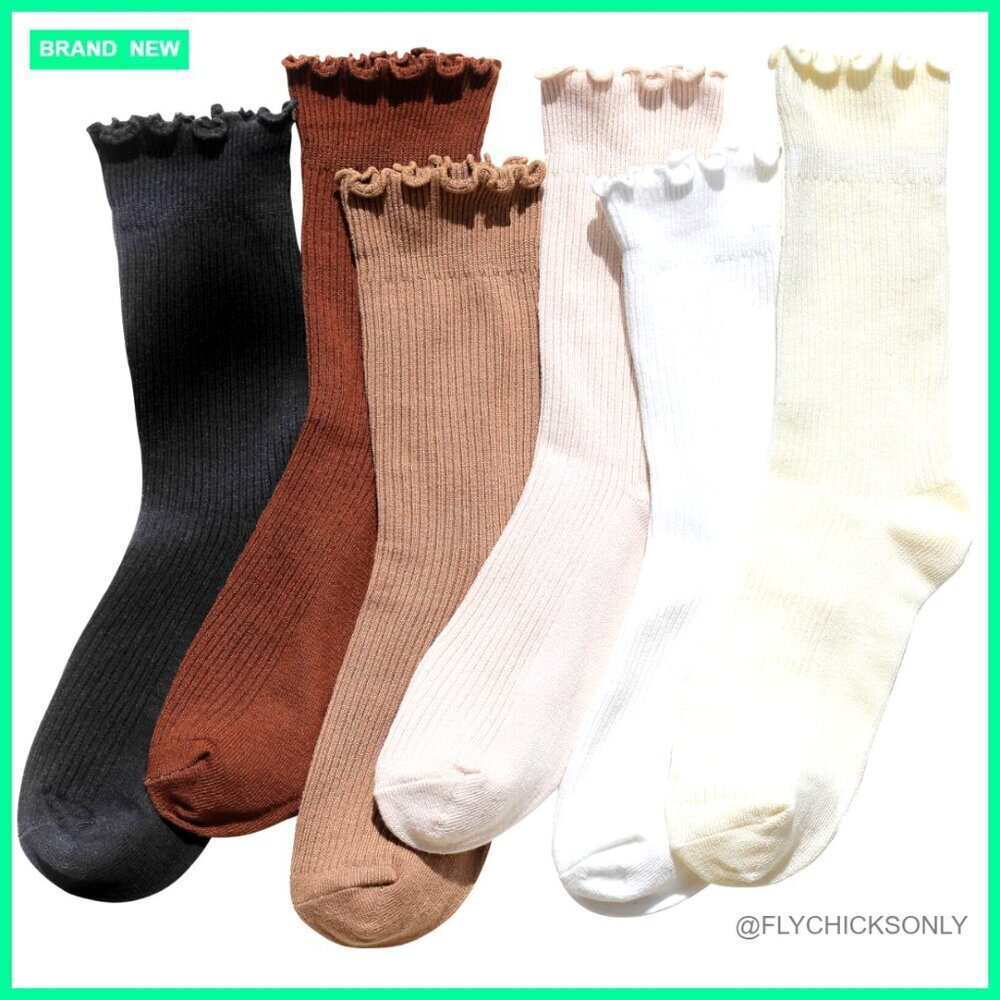 6-Pack Women's Ruffle Crew Socks, Cotton Blend, Lettuce Edge, Soft & Breathable